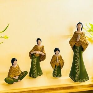 Ecuadorean Gift Ceramic Praying Dolls in colors of green, gold. 13”, 9”, 7”, 5”